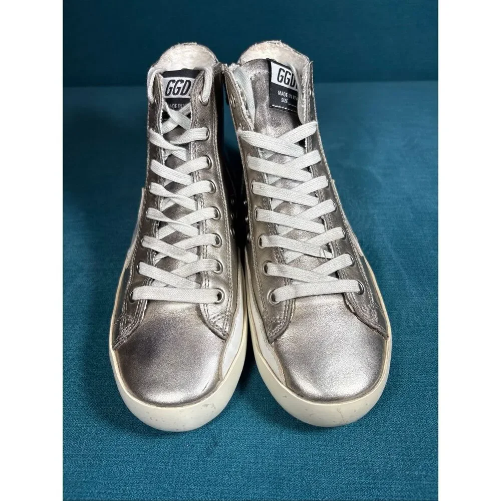 Golden Goose Francy Metallic Silver High Top Sneakers Womens Size 38 EU 8 US